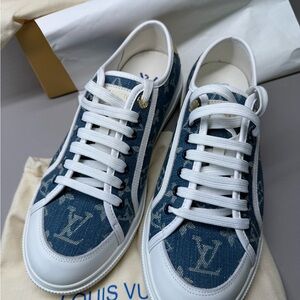 Denim Monogram Sneakers | White Leather Trim Size 9.5